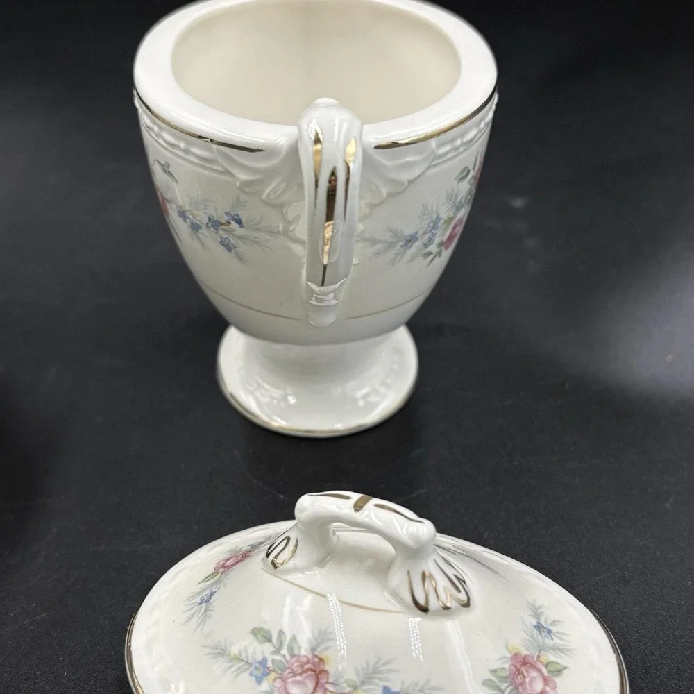 Homer Laughlin Eggshell Georgian Creamer & Sugar Bowl w/Lid-Gold Trim EUC